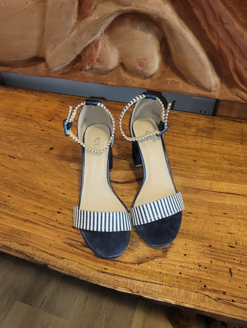 CL Laundry Jody Navy Striped Ankle-Strap Block Heel Sandals - Sz 6